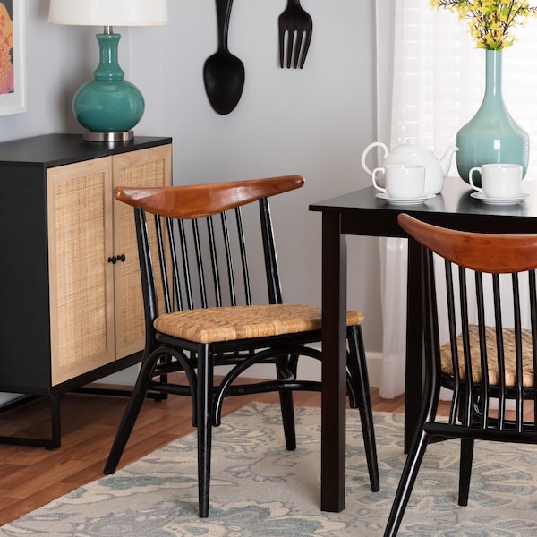 Baxton Studio Parthenia MidCentury Black and Walnut Brown Finished Mahogany Wood and Natural Rattan Dining Chair 224-12838-ZORO - main
